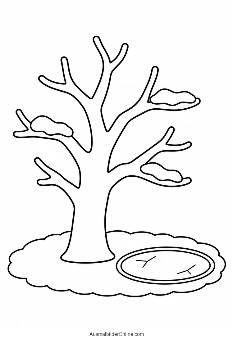 Kahler Baum mit Schnee auf den Ästen steht neben einem gefrorenen Teich