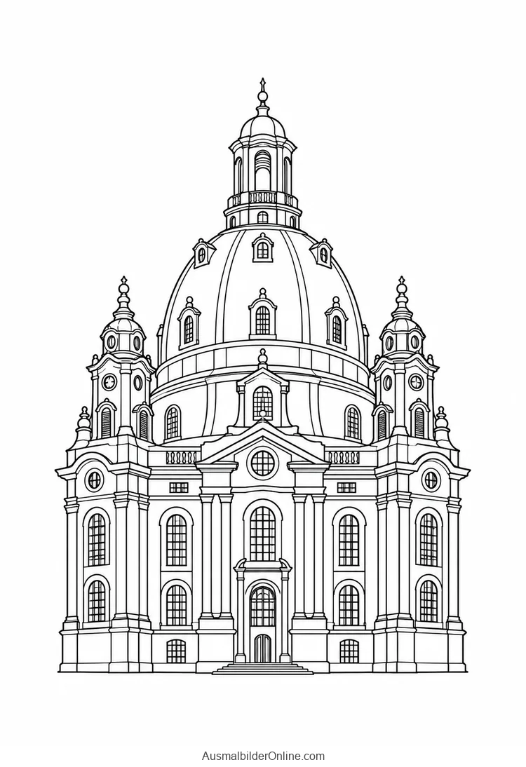 Eine barocke Kirche mit großer glockenförmiger Kuppel und kleinen Ecktürmen