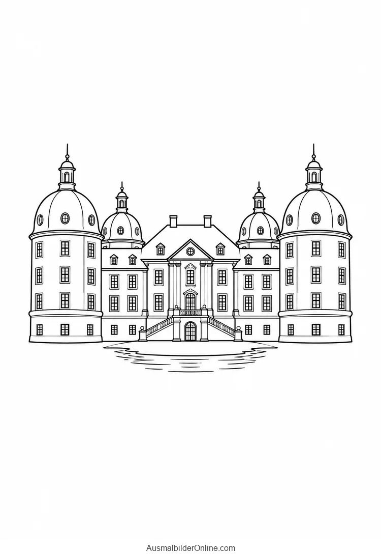 Ein Wasserschloss mit vier Ecktürmen steht hinter einem ruhigen Teichufer