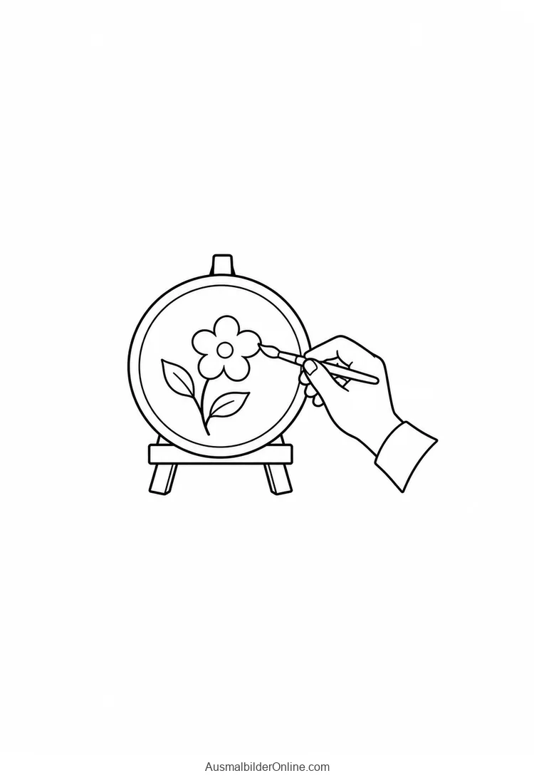 Eine Hand bemalt einen aufgestellten Porzellanteller mit einem Blumenmotiv