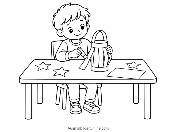 Kind klebt am Tisch einen Papierstreifen an eine Laterne neben drei Papiersternen