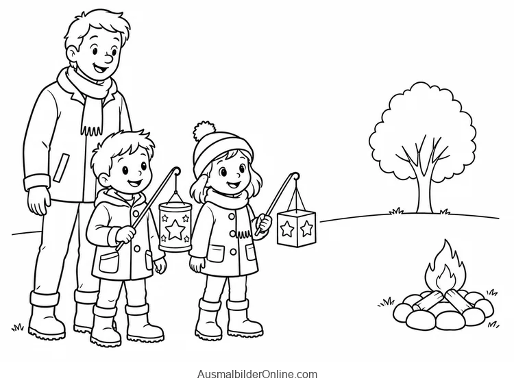 Elternteil und zwei Kinder mit Laternen stehen mit Abstand neben einem kleinen Feuer im Steinkreis