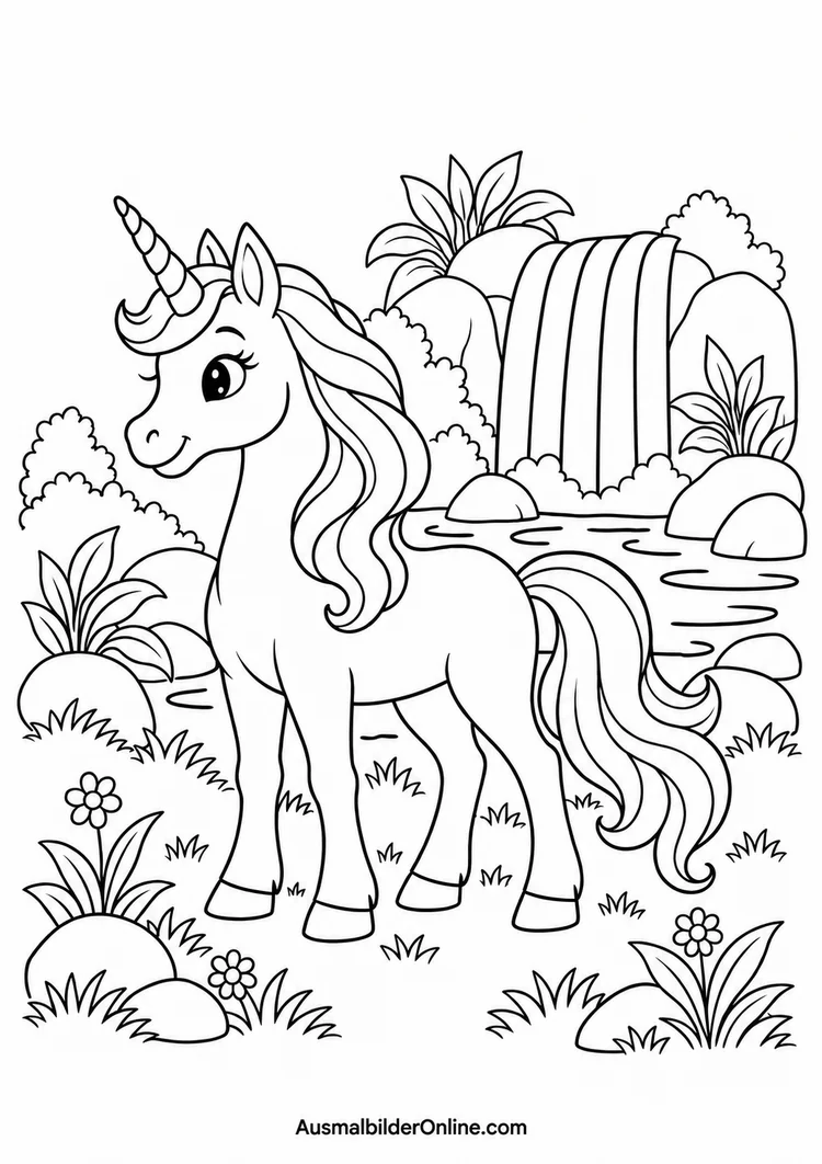 Ein Einhorn mit langer welliger Mähne steht neben einem Wasserfall, Felsen, Blumen und einem kleinen Wasserbecken.