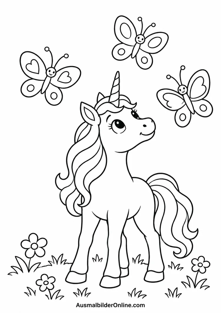 Ein Einhorn blickt zu drei Schmetterlingen hinauf und steht zwischen Blumen und Grasbüscheln.