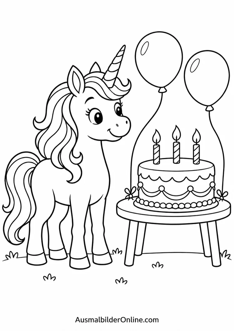 Ein Einhorn steht neben einer Geburtstagstorte mit drei Kerzen auf einem Tisch; darüber schweben zwei Luftballons.