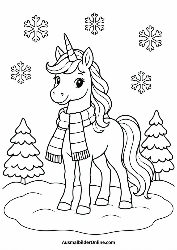Ein Einhorn trägt einen gestreiften Schal und steht im Schnee zwischen zwei Tannen und fünf Schneeflocken.