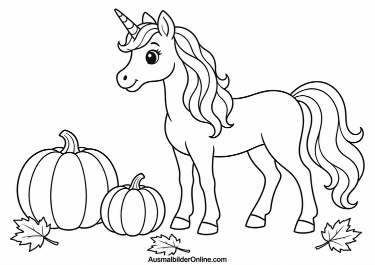 Einhorn neben zwei Kürbissen und drei Herbstblättern