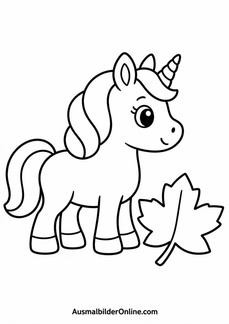 Einfaches kleines Einhorn neben einem großen Herbstblatt