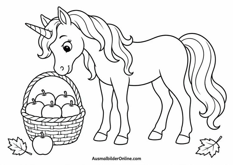 Einhorn neben einem geflochtenen Korb voller Äpfel