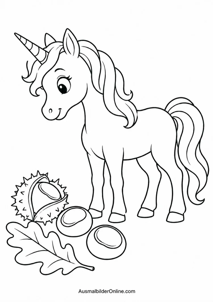 Einhorn betrachtet Kastanien mit geöffneter Schale und ein Eichenblatt