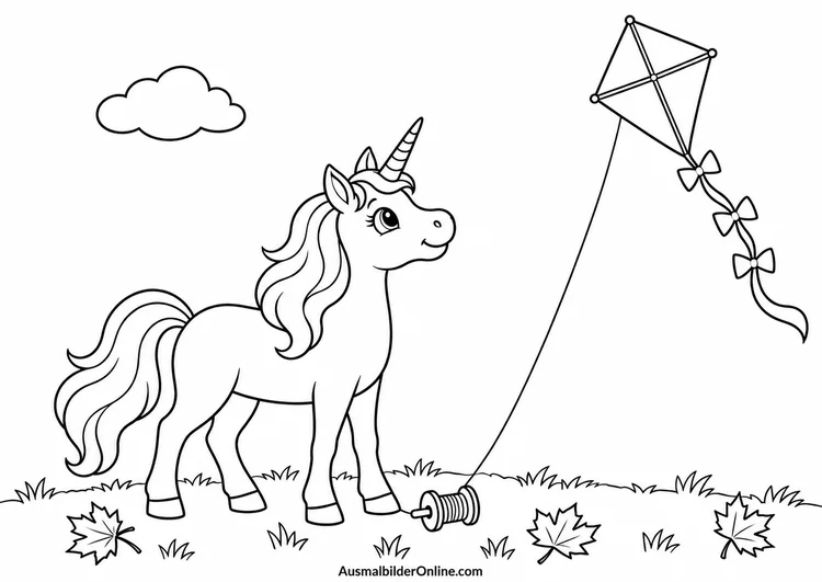 Einhorn schaut zu einem Papierdrachen mit Schleifen, Schnur und Spule