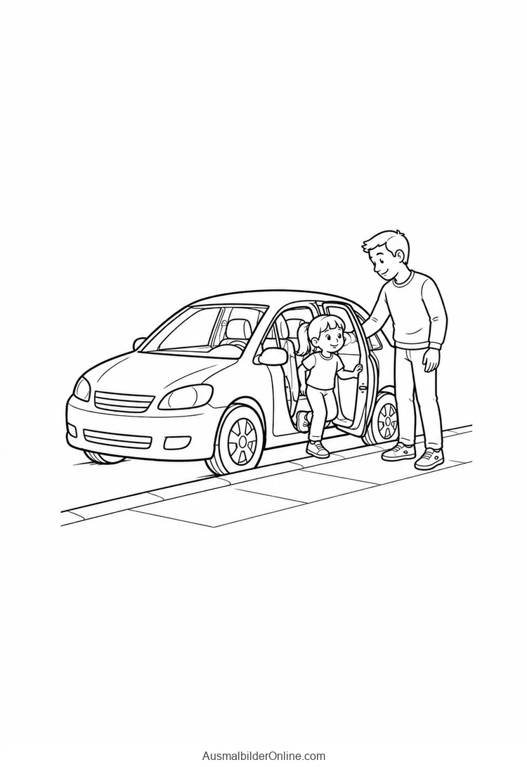 Kind steigt auf der Gehwegseite eines Autos aus, daneben steht eine erwachsene Begleitperson