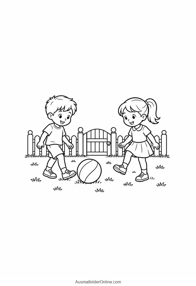 Zwei Kinder spielen mit einem Ball in einem umzäunten Garten
