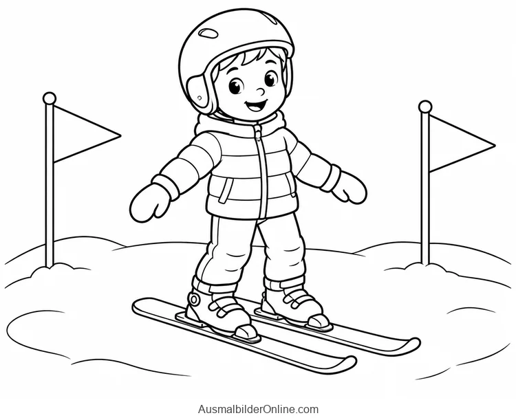 Ein Kind mit Skihelm steht auf zwei Skiern zwischen zwei einfachen Fahnen auf flachem Schnee
