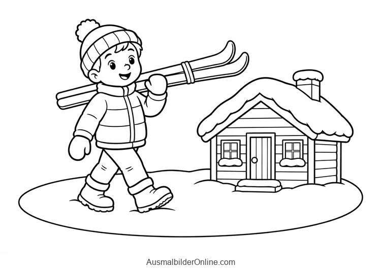 Ein Kind trägt zwei zusammengebundene Skier auf der Schulter und geht an einer kleinen Berghütte vorbei