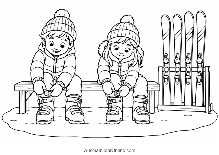 Zwei Kinder sitzen nebeneinander auf einer Bank und ziehen ihre Skistiefel an; zwei Skipaare stehen daneben