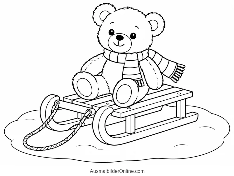 Ein Teddybär mit gestreiftem Schal sitzt auf einem Holzschlitten auf einer kleinen ovalen Schneefläche