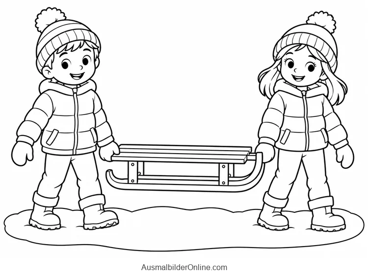 Zwei Kinder in Winterkleidung tragen einen kleinen Holzschlitten gemeinsam zwischen sich