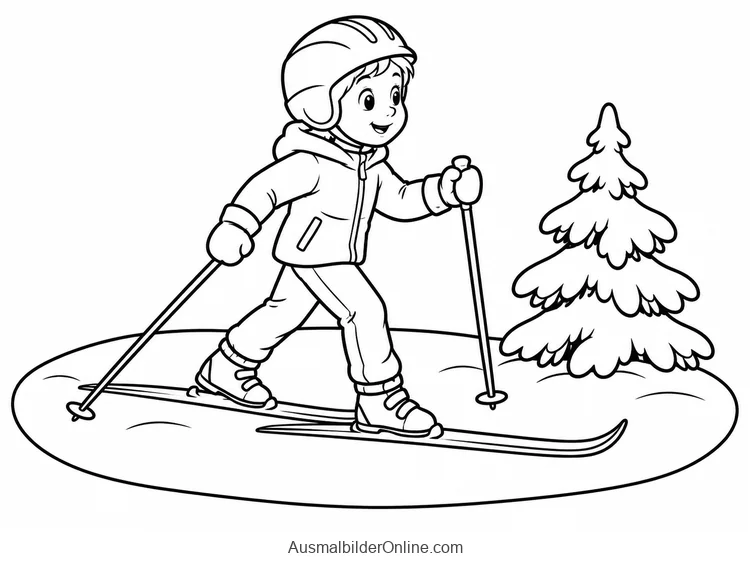Ein Kind mit Skihelm geht auf zwei Langlaufskiern mit zwei Stöcken an einer kleinen verschneiten Tanne vorbei