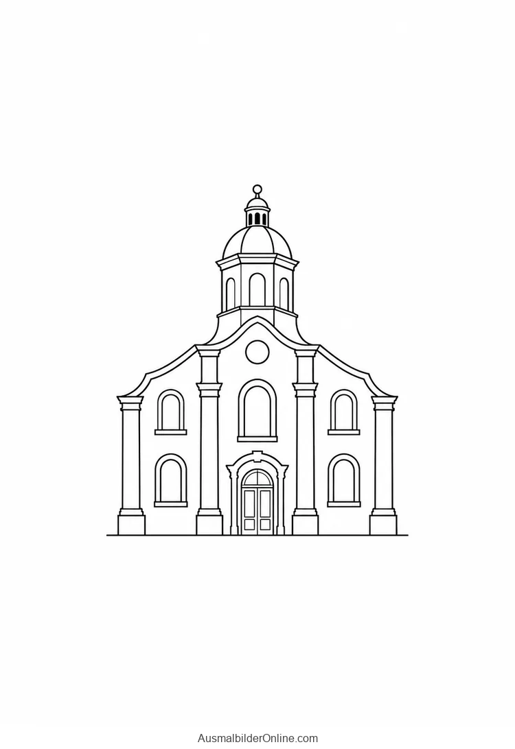 Eine symmetrische Barockkirche mit Mittelturm in vereinfachter Frontalansicht