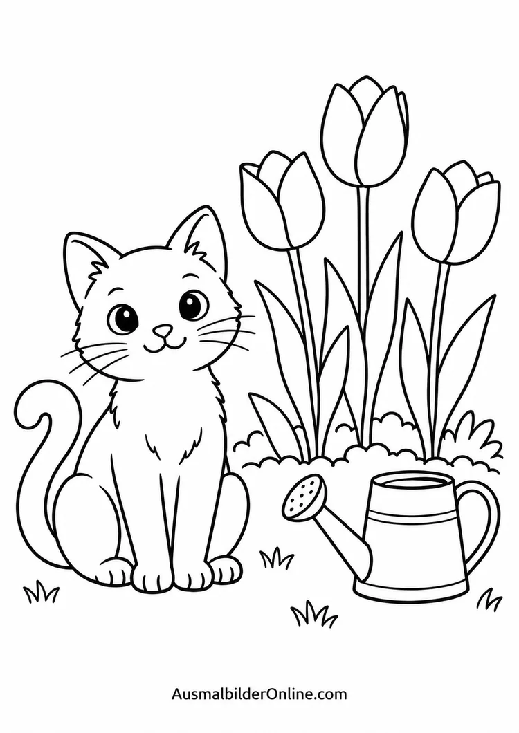 Eine Katze sitzt im Garten neben drei großen Tulpen und einer Gießkanne.