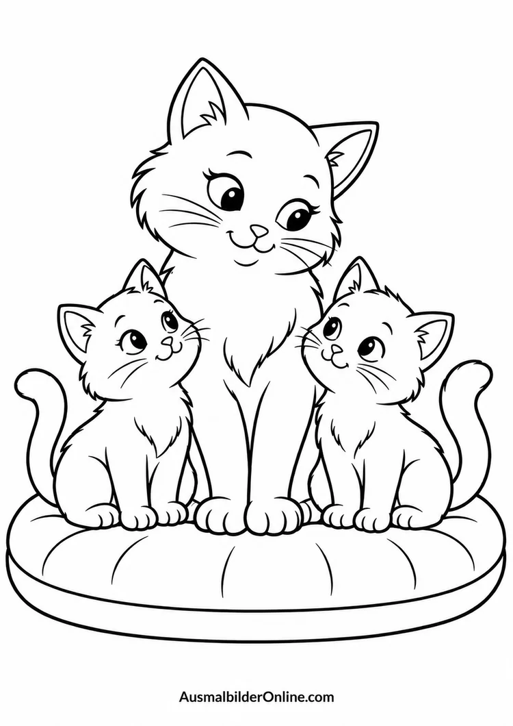 Eine Katzenmutter sitzt mit zwei kleinen Kätzchen auf einem ovalen weichen Kissen.