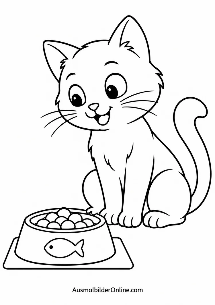 Ein Kätzchen sitzt neben einem gefüllten Futternapf mit Fischsymbol auf einer Unterlage.