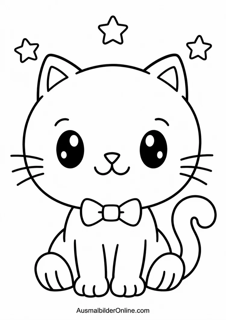 Eine einfache Kawaii-Katze mit großen Augen trägt eine Schleife; über ihrem Kopf stehen drei Sterne.