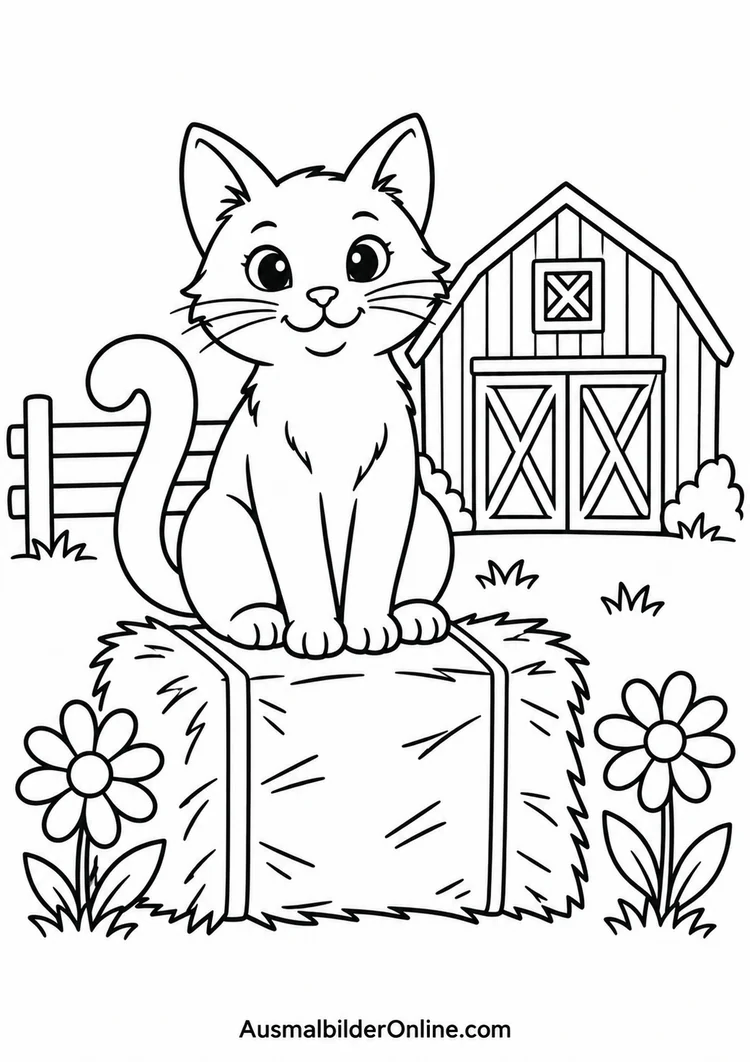 Eine Katze sitzt auf einem Heuballen vor einer Holzscheune und einem Zaun zwischen zwei Blumen.