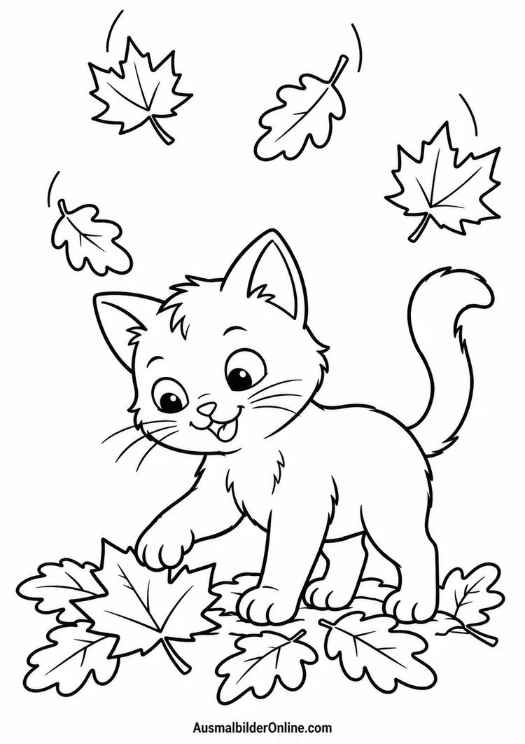 Kätzchen spielt zwischen herabfallenden Herbstblättern