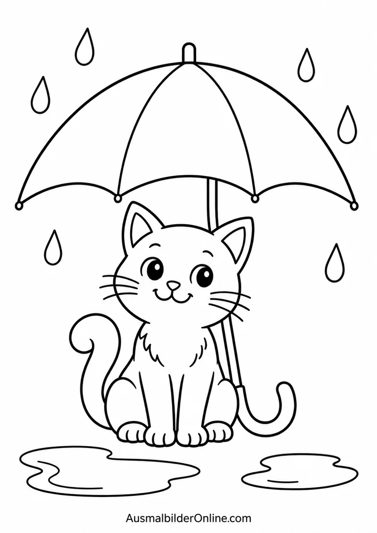 Kätzchen sitzt unter einem Regenschirm zwischen Regentropfen und Pfützen