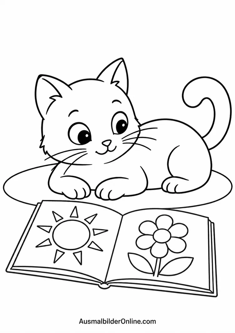 Kätzchen liegt neben einem aufgeschlagenen Bilderbuch mit Sonne und Blume