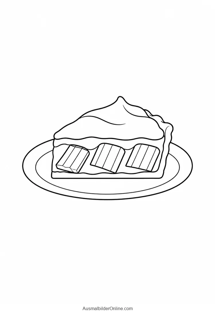 Ein Stück Rhabarberbaiserkuchen mit sichtbaren Rhabarberstücken liegt auf einem Teller