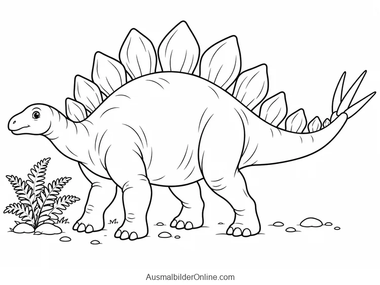 Stegosaurus mit Rückenplatten und Schwanzspitzen neben Farn