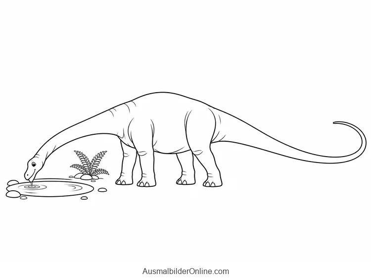 Langhalsiger Diplodocus trinkt an einem kleinen Teich