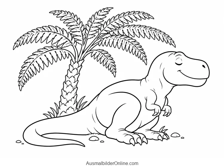 Sitzender T-rex neben einem Baumfarn