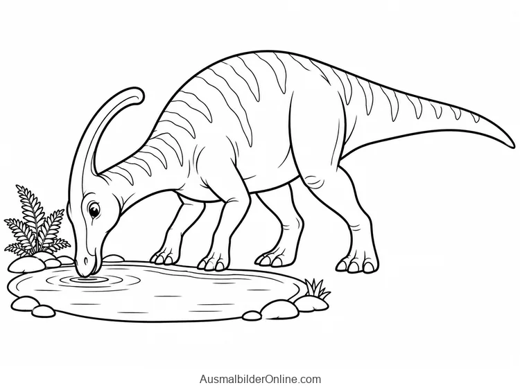 Parasaurolophus mit nach hinten gebogenem Kopfkamm trinkt aus Teich