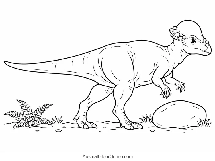 Gehender Pachycephalosaurus mit gewölbtem Schädel neben Felsen
