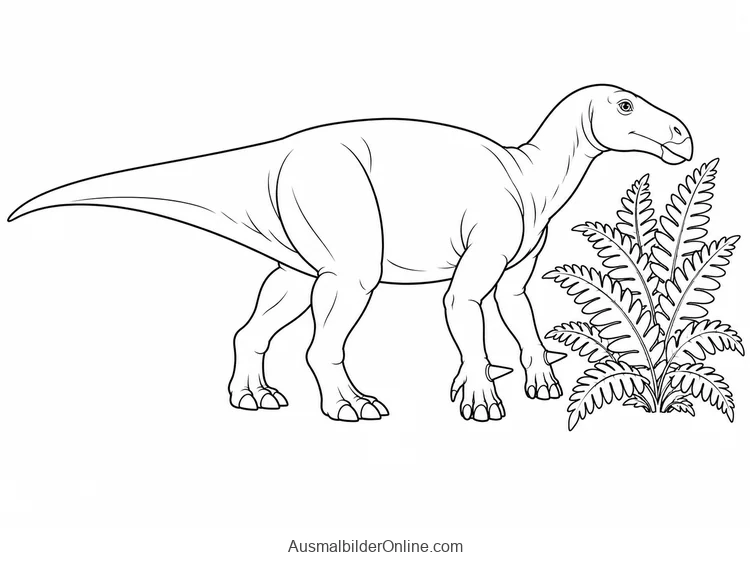 Iguanodon mit Daumenspornen steht neben Farn