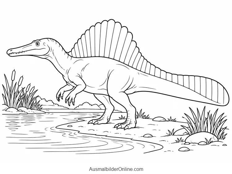 Spinosaurus mit hohem Rückensegel am Ufer