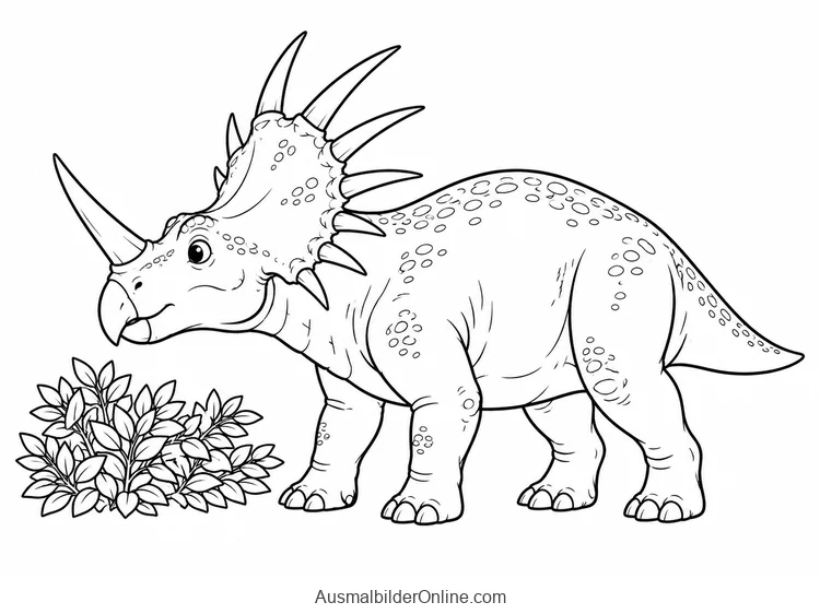 Styracosaurus mit Nasenhorn und stacheligem Nackenschild neben einem Busch