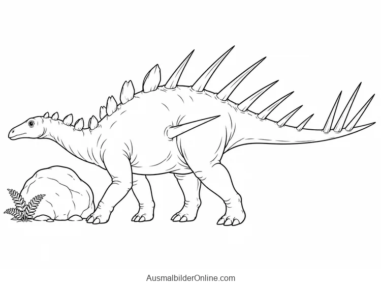 Kentrosaurus mit kleinen Rückenplatten und langen Schwanzstacheln am Felsblock