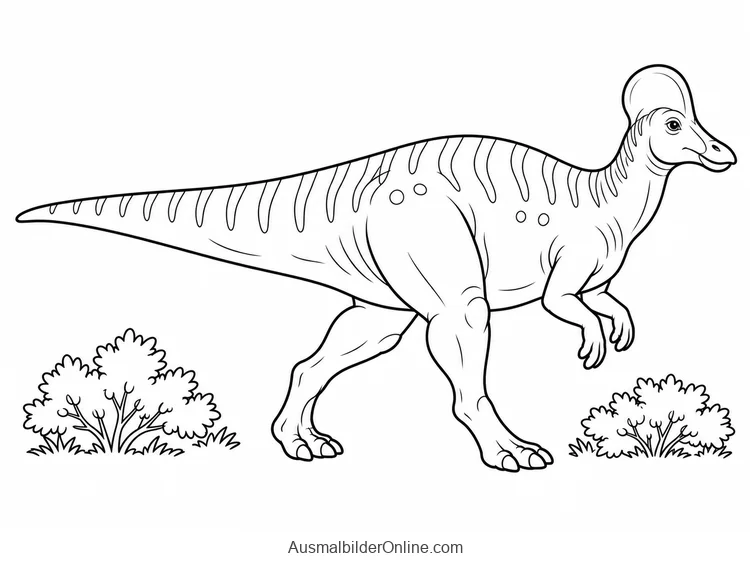 Corythosaurus mit helmartigem Kopfkamm zwischen niedrigen Sträuchern