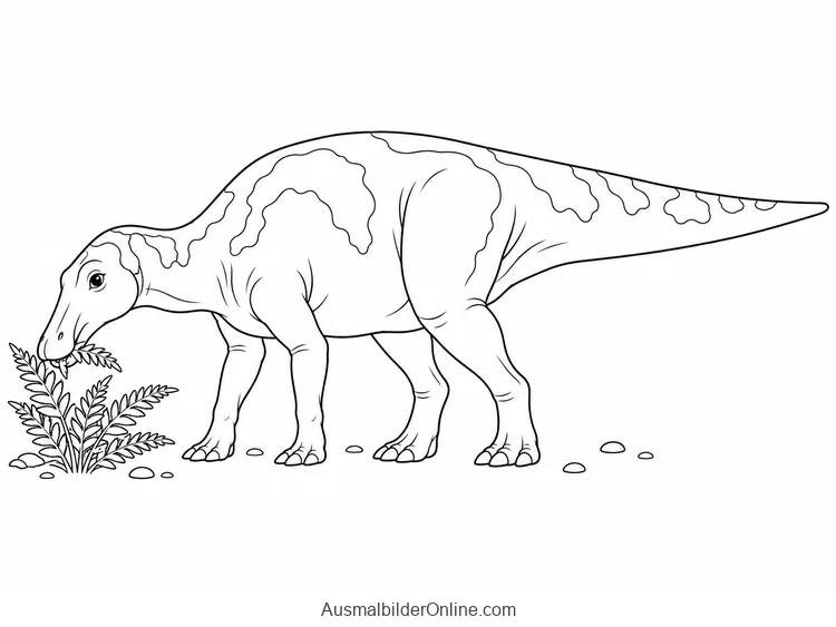 Maiasaura senkt ihren breiten Schnabel zu einem kleinen Farnbüschel