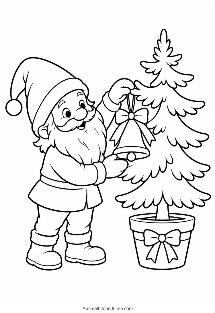 Wichtel hängt eine Glocke mit Schleife an einen Tannenbaum