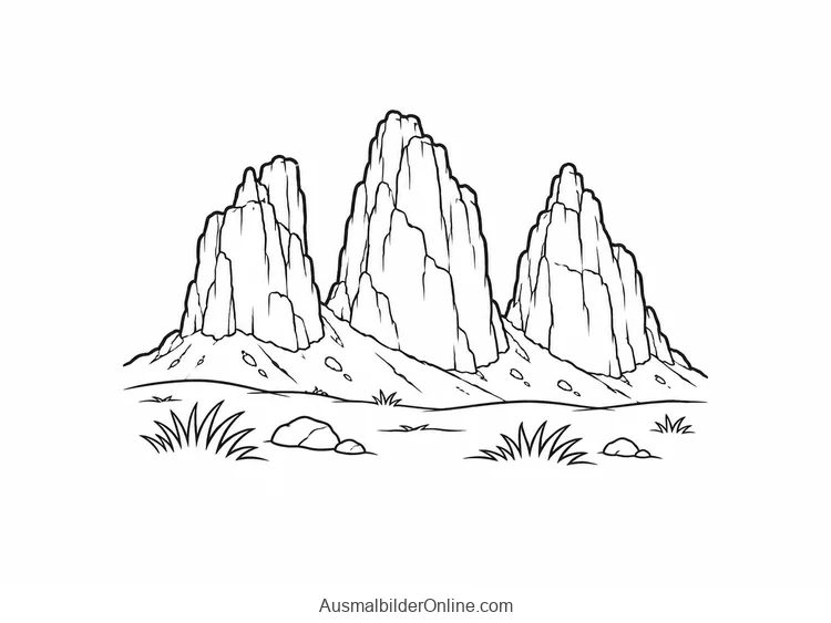 Drei hohe felsige Türme der Dolomiten ragen über einer Wiese mit Steinen und Gras auf