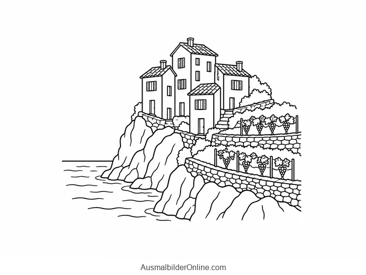 Häuser eines Cinque-Terre-Dorfes stehen über einer Felsküste neben bepflanzten Steinterrassen