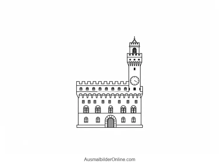Der Palazzo Vecchio in Florenz ist als Palast mit Zinnen und hohem Turm dargestellt