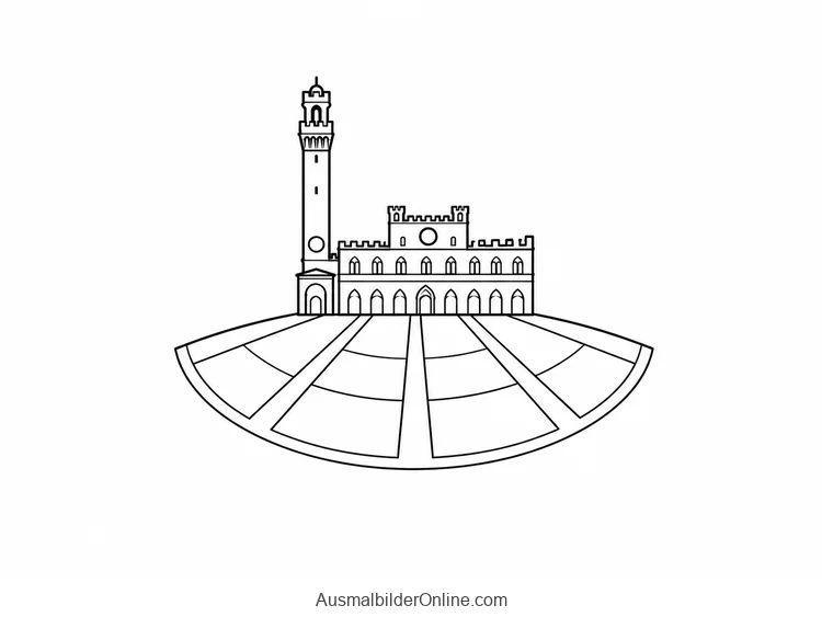 Breite Linien teilen die Piazza del Campo vor dem Palazzo Pubblico und dem Torre del Mangia