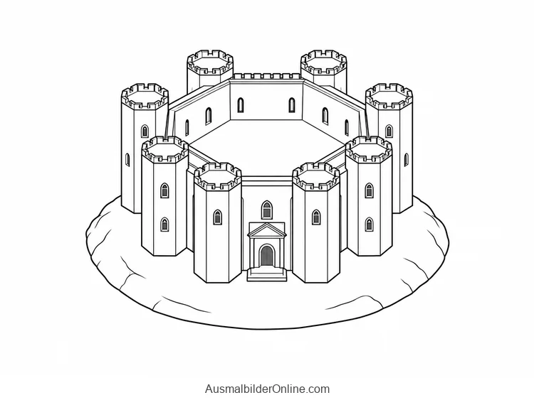 Castel del Monte ist als achteckige Burg mit acht Ecktürmen auf einem Hügel dargestellt